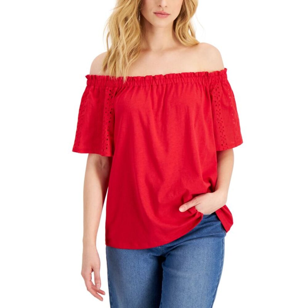 Charter Club Womens Eyelet-Sleeve Off-The-Shoulder Top